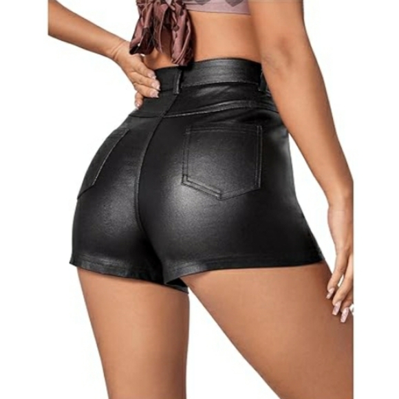 High Waisted Leather Look Stretchy Skinny Denim Black Shorts New